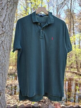 Polo Ralph Lauren Pique Dark Green Short Sleeve Collar Shirt Logo Red Pony